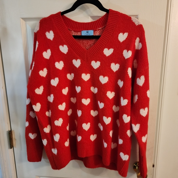 CeCe Sweaters - CeCe Red V-Neck Sweater with White Heart Pattern